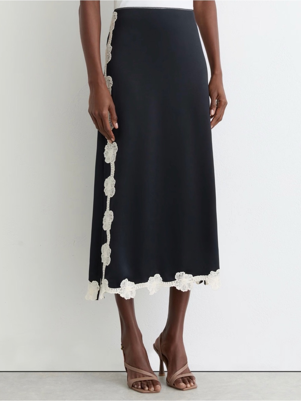 Reiss Doa Satin Floral-Lace Trim Midi Skirt in Navy